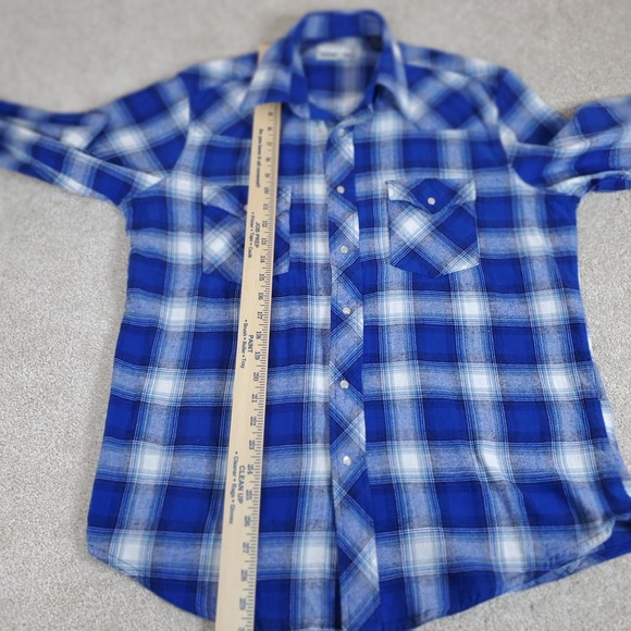 Wrangler Wrancher Men's Flannel Shirt Blue Plaid Long Sleeve Size L Pearl Snaps - Picture 7 of 16